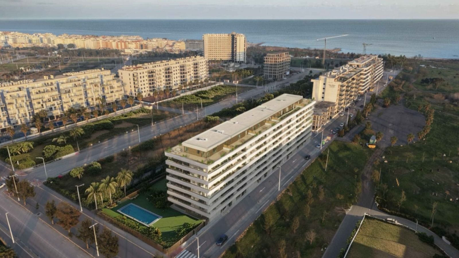 Vista aérea de Residencial Calma Marina junto al mar en Moncófar